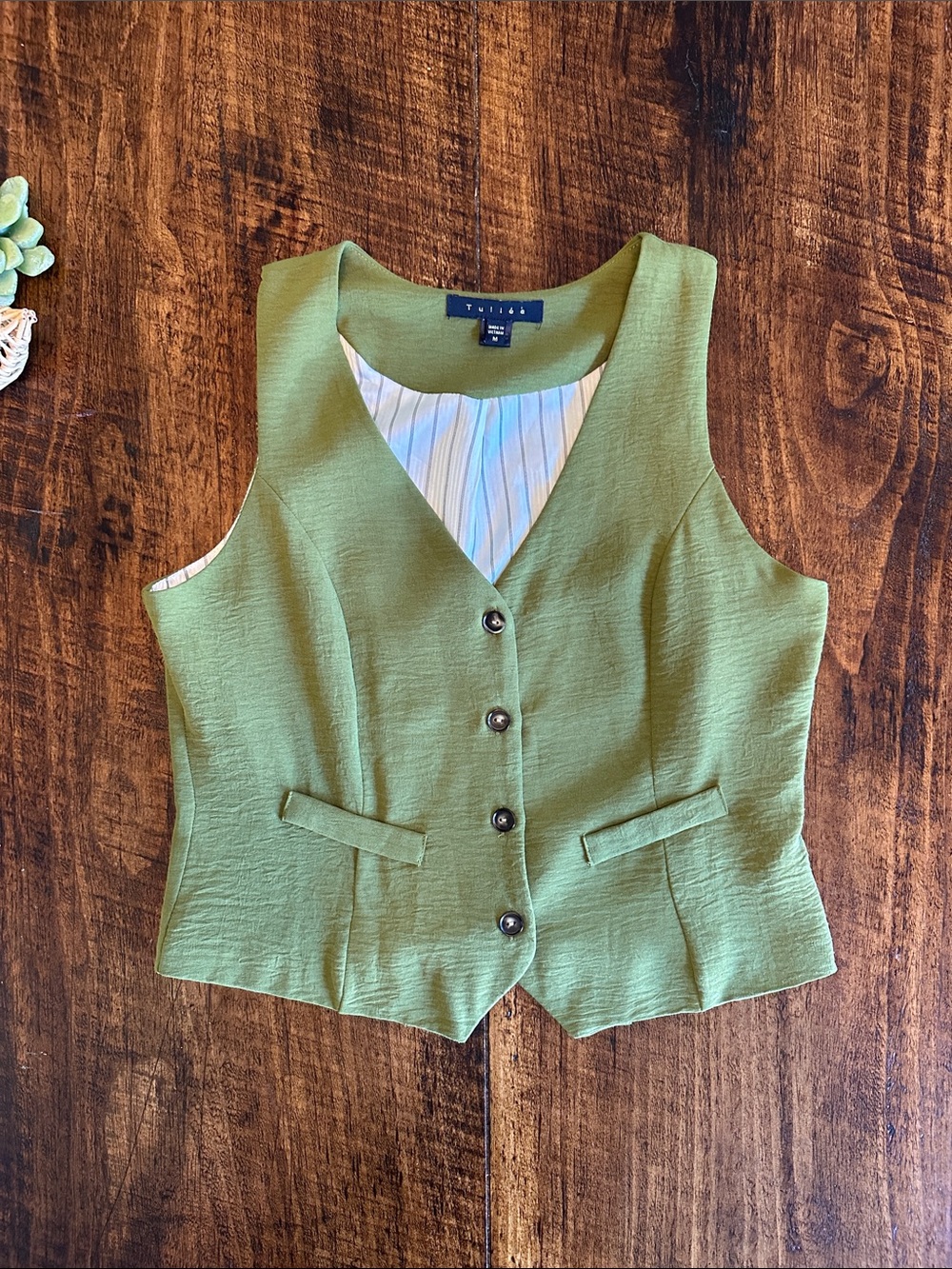 Tuliea | Olive Green Sleeveless Waistcoat Tailored Vest, Size M